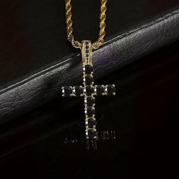 22" Womens 2ct Black Onyx 14K Gold Braided Rope Chain Cross Pendant Necklace NEW - Picture 6 of 7
